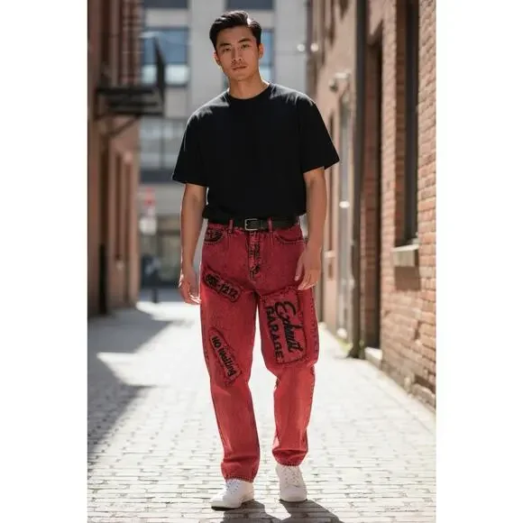 Vtg 90's Exhaust Red Acid Wash Graphic Denim Jeans Grunge Punk Size 31 *Flawed - Picture 15 of 16